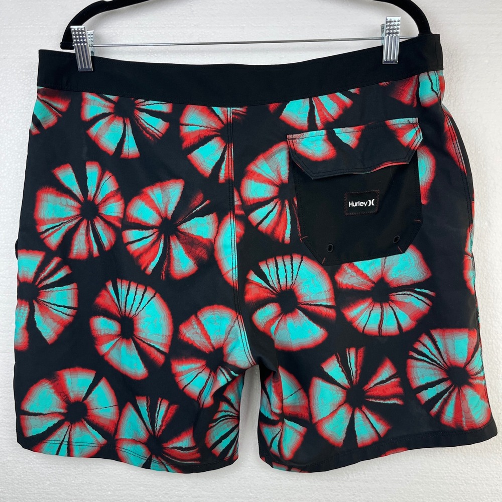 Hurley Mens Board Shorts Size 34 Black Teal Red Surf Swim Trunks - Picture 2 of 9